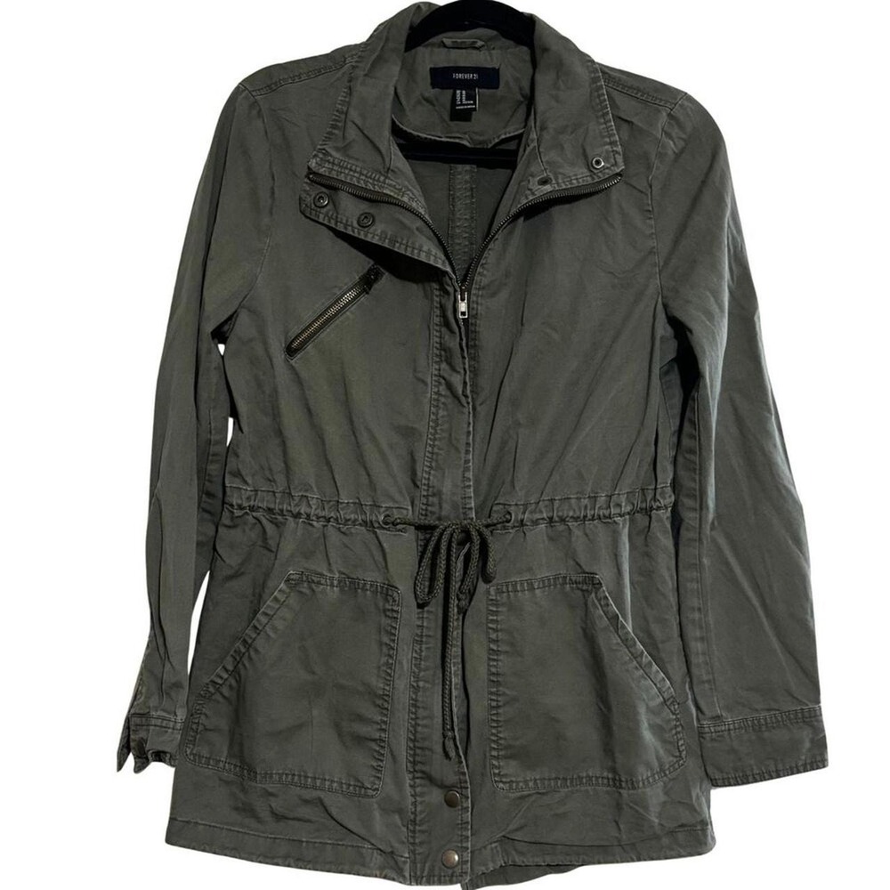 Forever 21 Women Olive Green Utility Field Jacket Cotton Drawstring Waist Size M